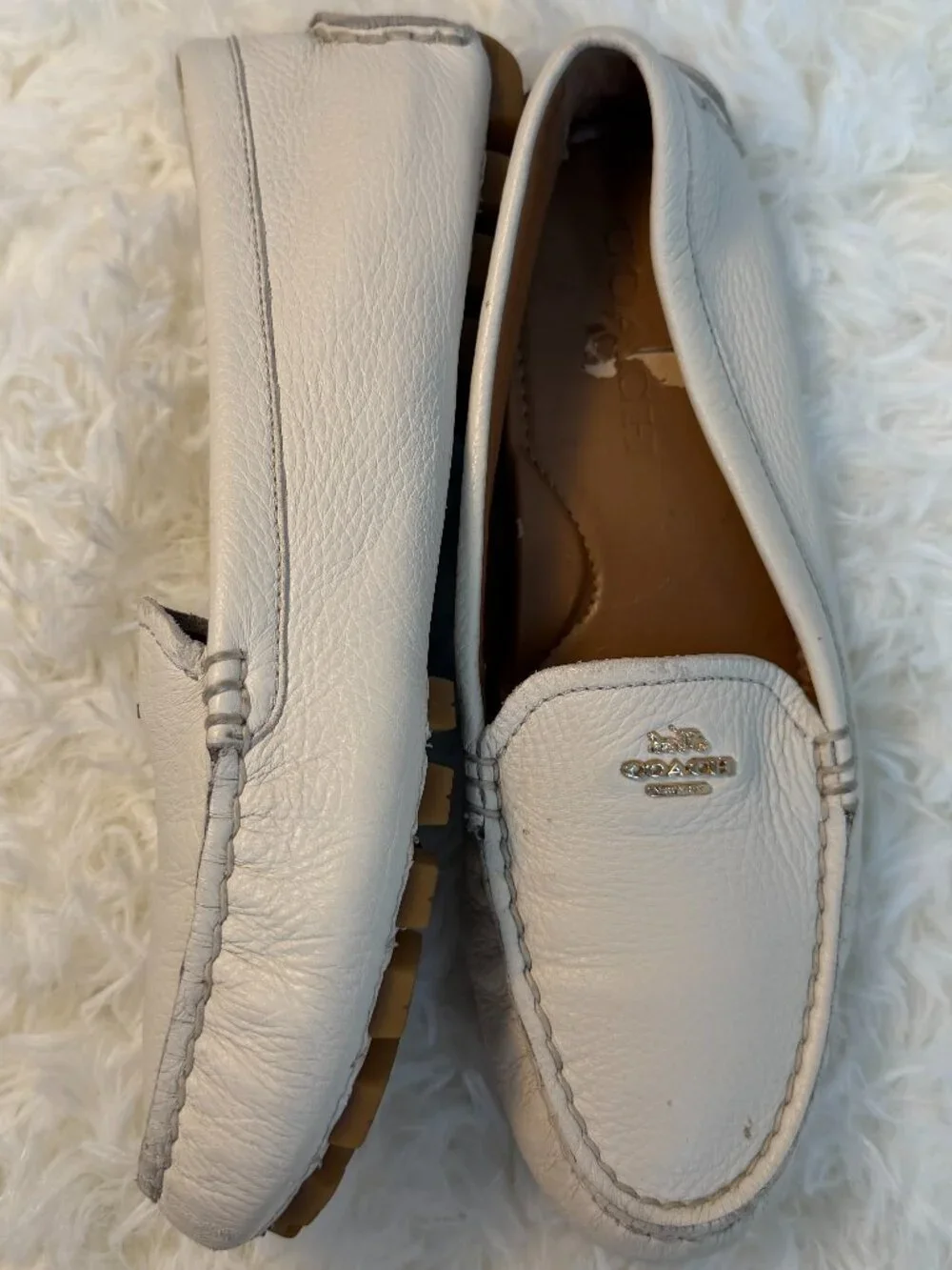 Coach Cream Pebbled Leather Amber Driving Moccasins